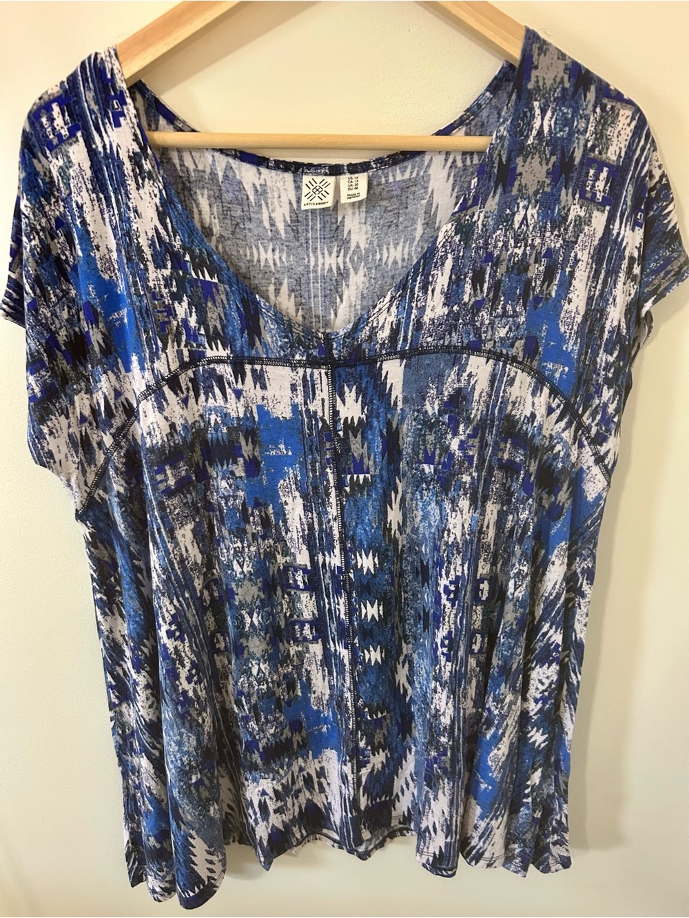 Artisan N.Y. Blue Ikat Abstract Print V-Neck Cap Sleeve Top Blouse 1X